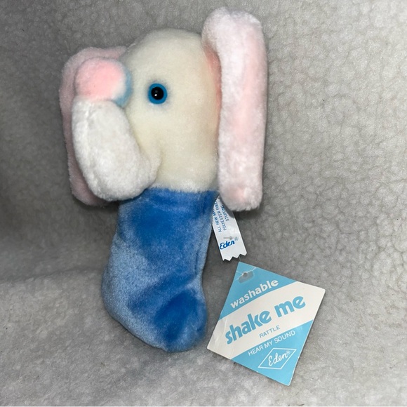 Eden Elephant plush rattle vintage with tags blue pink white 7" - Picture 3 of 8